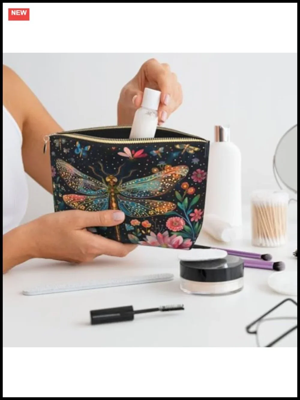 Faux Leather Floral Dragonfly Cosmetic Bag Travel Toiletry Makeup Organizer
